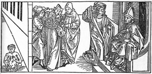 Saint Severin. Gravyr ur "De heligas liv - sommardelen" (Helgonets bok) av Jacobus (James) från Voragine (1228-1298). Lübeck 1488. av Unknown artist