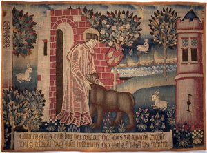 Sankt Vaast och björnen. Saint Vaast, Saint Vedast eller Saint Gaston (död 540, eveque och skyddshelgon för Arras och hans stift) tämjer djuret på stranden av floden Crinchon. Gobeläng, andra hälften av 1400-talet. Museum of Fine Arts i Arras av Unknown artist