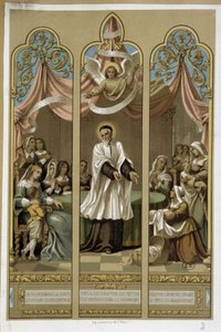 Saint Vincent de Paul etablerade arbetet med Enfants Found - enligt målat glas 18:e (?). av Unknown artist