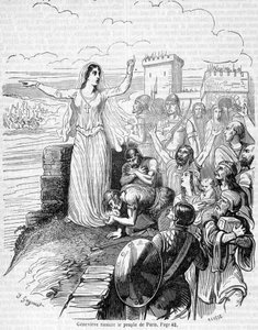 Sainte Geneviève, organiserar försvaret av Paris mot horderna av Attila och lugnar folket i Paris - i "Histoire de France"" av Anquetil av Unknown artist