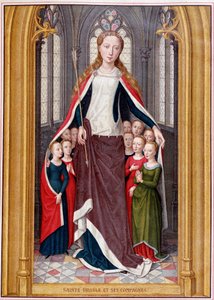 Sainte Ursula hyser sina följeslagare under kappan, efter jakten på Sainte Ursula, Brygge, Memling av Unknown artist