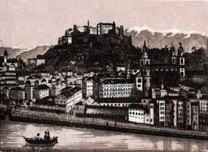 Salzkammergut-regionen, Österrike: Salzburg från Kapuzinergarten. i "" Världen illustrerar 168 vyer"" Odaterat (slutet av 1800-talet) av Unknown artist