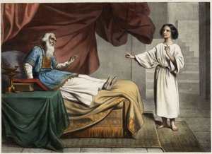 Samuel, som hör Herrens röst ropa på honom mitt i natten, tror att detta är hans mentor översteprästen Eli (Heli). Anonym gravyr från mitten av 1800-talet. av Unknown artist