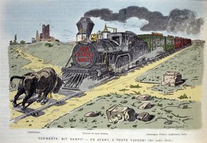 Satirisk allegorisk vinjett: kapitalismens tjursymbol försöker stoppa arbetsreformens tåg. Varje vagn är designad för ett land: Tyskland, Frankrike, England, Italien 1897 av Unknown artist