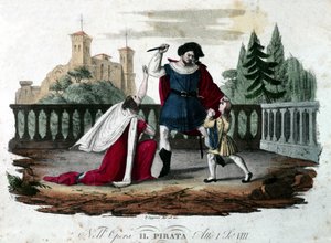 Scen 8 i akt V av "" Il pirata"" (Piraten) av Vincenzo Bellini. Coloree gravyr från 1827. Uruppförande på teatro alla Scala. av Unknown artist
