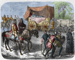 Scen som föreställer de lata kungarna: Kungen av Frankrike Thierry III (673-691) bär i en tank med en säng dragen av oxar. av Unknown artist