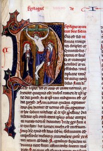 Scen för korsfästelse i ett brevhuvud (bokstav D). Minityr i "" Speculum historiale"" av Vincent De Beauvais (1100-talet) av Unknown artist