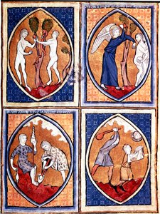 Scener från Bibeln avbildade i mandorles. Upp Adam och Eva plockar den förbjudna frukten och jagar sedan från himlen. Där nere arbetar Adam jorden och Eva ger ullen, Kain och Abel. Miniatyr från ett 1200-talsmanuskript. Porto, kommunala biblioteket av Unknown artist