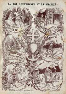 Scener som illustrerar tro, hopp, kärlek och deras motsats, inkredulit, desperation och egoism. Illustration i "" Le Pelerin"" den 27 mars av Unknown artist