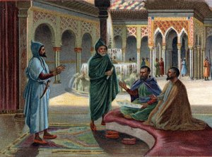 Scener av försvunna kungadömen: Moriska rådet (moriska, namn ges till araber som ockuperade en del av Spanien) i Alhambra-palatset i Granada. Granada är den sista moriska staten, färdig 1482. Kromolitografi från 1800-talet. av Unknown artist