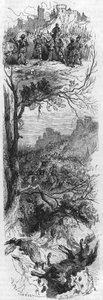 Scener av strider. Louis XI gav ett halsband till Raoul de Lannoi (1481), Combat de Therouanne (1480) och Marie de Bourgogne skadade av ett fall av en häst (1482). Gravyr av 1800-talet. av Unknown artist