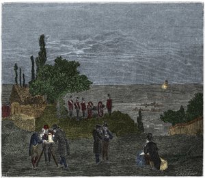 Vetenskapligt experiment: beräkningen av ljudets hastighet, av Humboldt, Louis-Joseph Gay-Lussac (Louis Joseph Gay Lussac), Bouvard, Prony och Mathieu, som bestämmer tiden mellan uppfattningen av ljus och det av ett pistolskott, på natten av Unknown artist