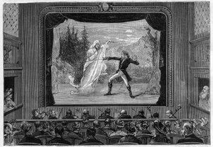Vetenskapliga visar: levande spektra. Upplev spektra på teaterscenen. En komiker slåss mot ett spöke. Gravyr i "" La Nature"" av Unknown artist