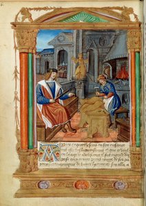 Skulptur: en mästare kontrollerar sin lärlings arbete och skulpterar en örn. Miniatyr från "" Roman de Theseus de Cologne et de Godifer"" 1500-talets Paris, B.N. av Unknown artist