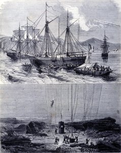 Sök efter spanska galjoners skeppsvrak i Vigo Bay 1702. 1800-talet av Unknown artist