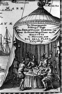 Sebastiano Caboto (Sebastien Cabot) representerar på patronen av en navigeringskarta med andra navigatörer. Början av 1600-talet. av Unknown artist