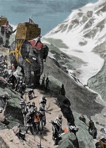Andra puniska kriget. Hannibal Barcas armé som korsar Alperna, 218 f.Kr. Italiensk gravyr från 1800-talet. av Unknown artist