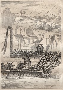 Andra resan (1772-1775) av kapten James Cook (1728-1779): Neo-Zelandans krigskanoter (Neo Zelandaises) - illustration hämtad från "" The Great Mariners of the 18th century"" av Unknown artist