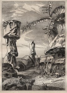 Andra resan (1772-1775) av kapten James Cook (1728-1779): monument på Påskön (monumentalstatyer, moai) - illustration hämtad från "" The Great Mariners of the 18th century"" av Unknown artist