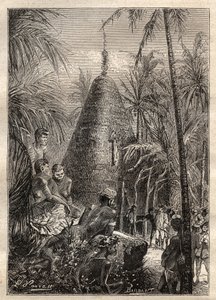 Andra resan (1772-1775) av kapten James Cook (1728-1779): traditionellt cirkulärt hus, på taket av en betydande höjd (Nya Kaledonien) - illustration hämtad från "The Great Mariners of the 18th century"" av Unknown artist