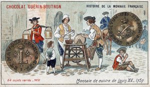 Serien History of the French Currency publicerad av Chocolat Guérin Boutron. 1800-talets kromolitografi. Kopparmynt av Ludvig XV 1757 av Unknown artist