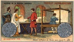 Serien History of the French Currency publicerad av Chocolat Guérin Boutron. 1800-talets kromolitografi. The Silver Denier of Reims under Louis V. 986 av Unknown artist