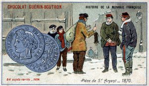 Serien History of the French Currency publicerad av Chocolat Guérin Boutron. 1800-talets kromolitografi. 5 francs silvermynt 1870 av Unknown artist