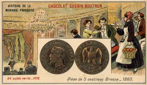 Serien History of the French Currency publicerad av Chocolat Guérin Boutron. 1800-talets kromolitografi. 5 cents bronsmynt 1860. Napoleon III. av Unknown artist