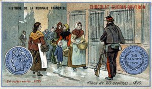 Serien History of the French Currency publicerad av Chocolat Guérin Boutron. 1800-talets kromolitografi. 20 centimes mynt 1870 av Unknown artist