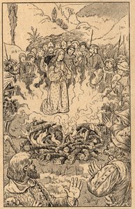 Hon stannar mitt i lågorna... Sankt Rose av Viterbo (Rosa da Viterbo) (1233-1252). Gravyr från slutet av 1800-talet. Privat samling. av Unknown artist