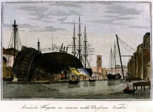Fartyg sköts ner i skrovet. Venetiansk fregatt vars skrov repareras i arsenalen. Gravyr av 1800-talet. av Unknown artist