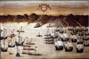 Skepp i hamnen i Genes (1500-talsmålning) av Unknown artist