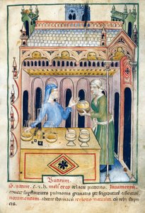 Butik med smörbröd och två kvinnor, illustration från Tacuinum sanitatis, upplyst manuskript, latinsk nyutgivning av ett arabiskt verk från 1000-talet av Unknown artist