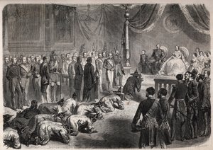 Siam-ambassadörer kryper mot den franska imperialfamiljen under en högtidlig audiens i Fontainebleau i närvaro av Napoleon III (1808-1873), Eugenie (Eugenia de Montijo) av Unknown artist