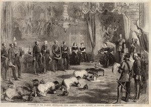 Siams ambassadörer kröp till drottning Victoria Iere (1819-1901) och prins Albert (1819-1861) under deras besök i Windsor Castle. Gravyr i "" The illustrated London News "" av den 5 december 1857. av Unknown artist