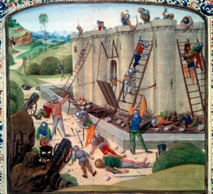 Belägring av Brest (1386 e.Kr.). Miniatyr i "" Chronicles"" av Jean Froissart (Folio 116v) av Unknown artist