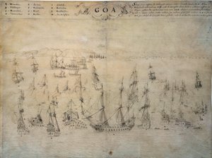 Belägring av Goa, portugisisk koloni, av den holländska flottan mellan 1603 och 1639. 1600-talsmanuskript Paris, B.N. av Unknown artist