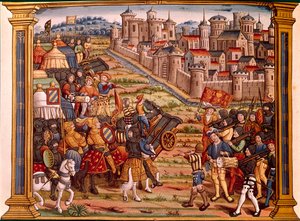 Belägring av en stad med bomber: Ludvig XI mot Liegeois. Miniatyren hämtar från manuskriptet "" Les epitaphes des feux kings Ludvig XI:e av detta namn och från Karl, hans son VIII med detta namn, som guden borta"" av Unknown artist