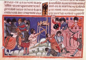Belägring av en befäst stad. Miniatyr från en kodex om Jules Cesars fakta (101 f.Kr.-44 f.Kr.) 1300-talets Venedig, Biblioteca marciana av Unknown artist