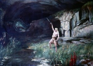 Siegfried, vänd mot draken Fafner, viftade med sitt svärd. Operascen "" Ring of the Nibelungen"" av Richard Wagner (1813 - 1883). Målning. av Unknown artist