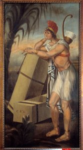 Tecken på tobakshandlare som representerar en amerikansk indian lutar sig mot lådor med tobak som är redo att fraktas på fartyg som exporterar New World-produkter. La Rochelle. Nya världens museum av Unknown artist
