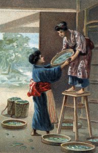 Silkesmaskuppfödning i en japansk magnet. Kromolitografi i slutet av 1800-talet. av Unknown artist