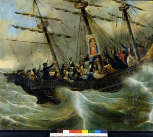 Förlisning av ett schweiziskt emigrantfartyg. Ex voto från 1856 från helgedomen Madonna del Sasso i Locarno. Målning tillskriven Giovanni Antonio Vanoni. av Unknown artist