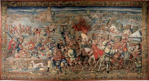 Sjätte italienska kriget (1521-1526): representation av slaget vid Pavia (Pavia) den 24/02/1525, där Francois I besegrades mot Karl V. Tapestry. Neapel. Museo Nazionale di Capodimonte. av Unknown artist