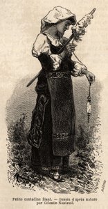 Liten contadin (bonde) från Roms omgivningar, spinner ull med sin spindel. Gravyr för att illustrera resan till Rom, av Francis Wey, 1864-1870, publicerad i "Le tour du monde"" 1870-1871, redigerad av Edouard Charton, upplaga Hachette, Pari av Unknown artist