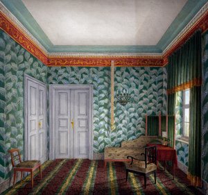Litet dagrum med grön tapet och bladverk av Unknown artist