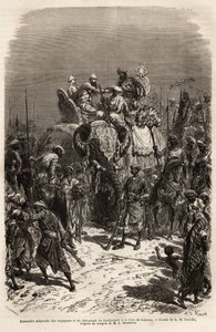 Högtidligt möte och handhållen på ryggen av en elefant, mellan laget av resenärer och Maharajah of Chutterpore, på mässan i Kajraha. Gravyr för att illustrera Rajahernas resa i Indien, av Louis Rousselet, 1864-1868, publicerad i "" Le av Unknown artist