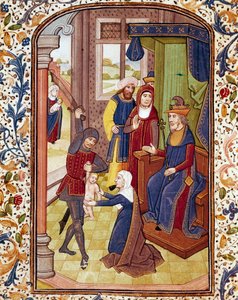 Salomos dom Två kvinnor låtsas vara mor till samma barn. Miniatyr från ett manuskript från 1400-talets Coimbra-bibliotek vid universitetet av Unknown artist