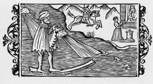 Trollkarl som korsar havet med hjälp av ett lotteri - i "History of the Northern Nations" av Olaus Magnus, Rom 1555 av Unknown artist