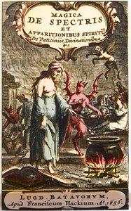 Trollkvinnor som förbereder drycker bevakade av djävlar, frontispice från ""Spökens magi och uppenbarelser i en anda av profetior och spådomar"", av Henningus Grosius av Unknown artist
